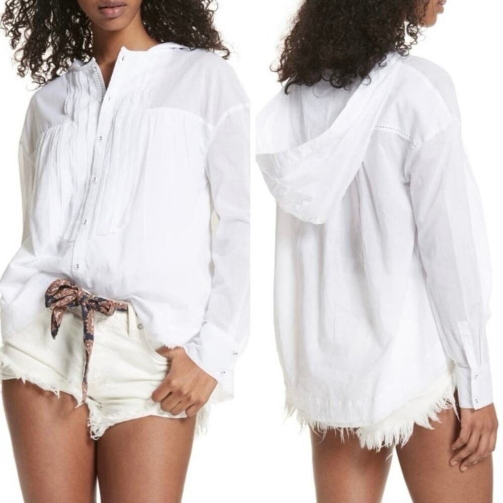 FREE PEOPLE Sz M White Breezy Button Down Shirt Hooded Blouse Raw Trims Cotton